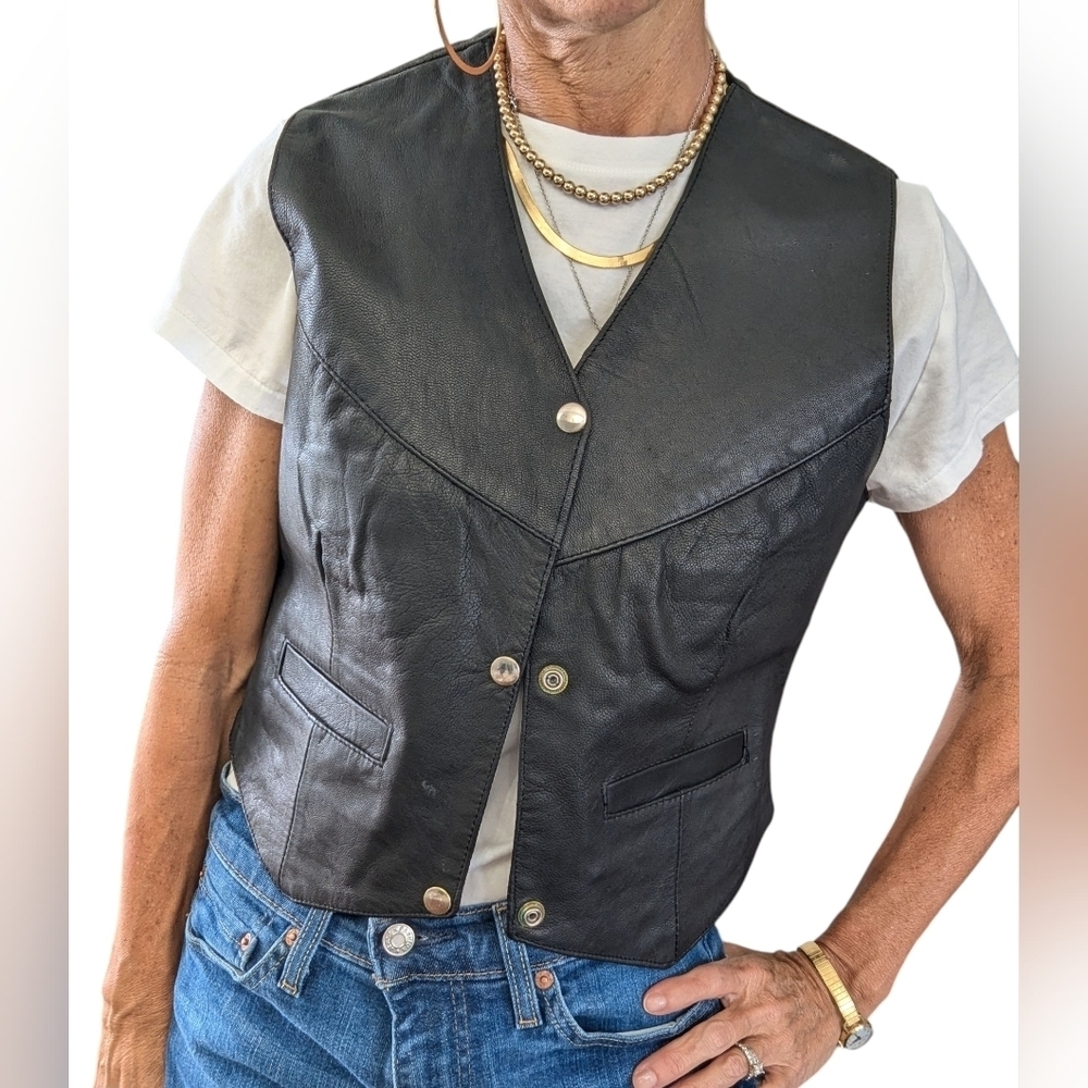 Y2K Genuine Leather Black Western Vest Moto Biker Cowboy Core Snap Front M